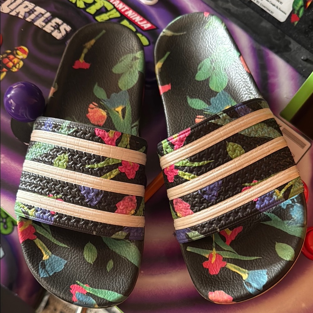 adidas Black Floral Slide Sandals